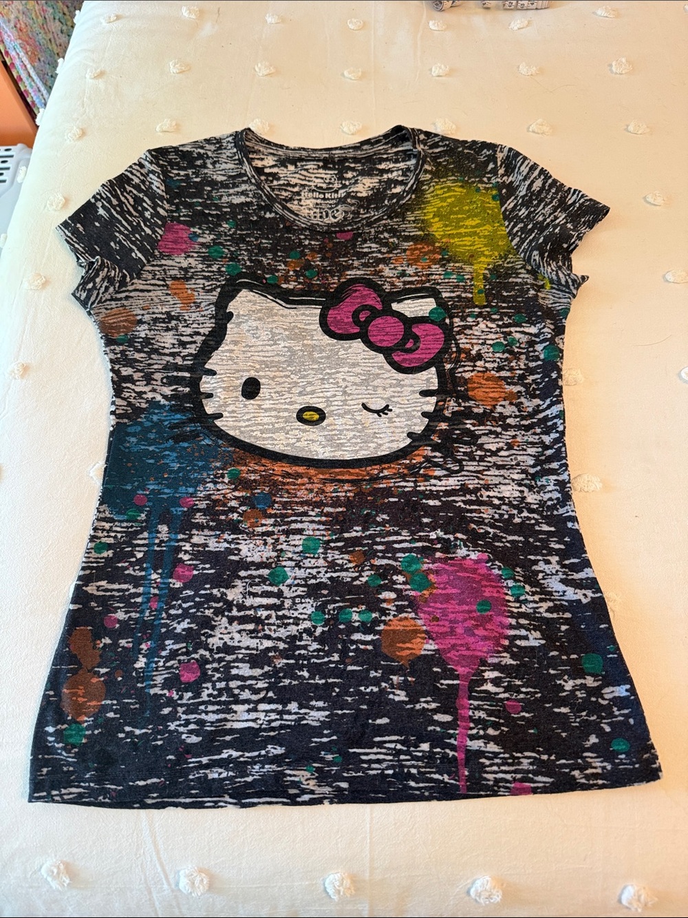 Hello Kitty Junior Acid Washed Graphic Tee with Colorful Splatter